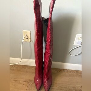 Red Crocodile Pattern Knee-High Boots